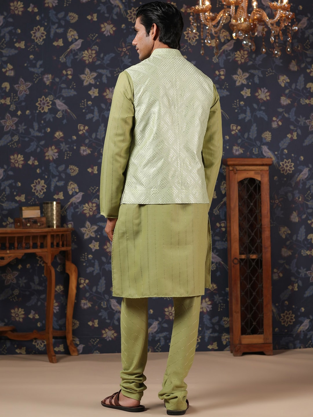 House of Pataudi Straight Kurta With Pyjamas & Embroidered Sequin Work Nehru Jacket | Grocsy