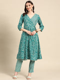 Sangria Women Turquoise Blue Paisley Printed Angrakha Gotta Patti Kurta with Trousers | Grocsy