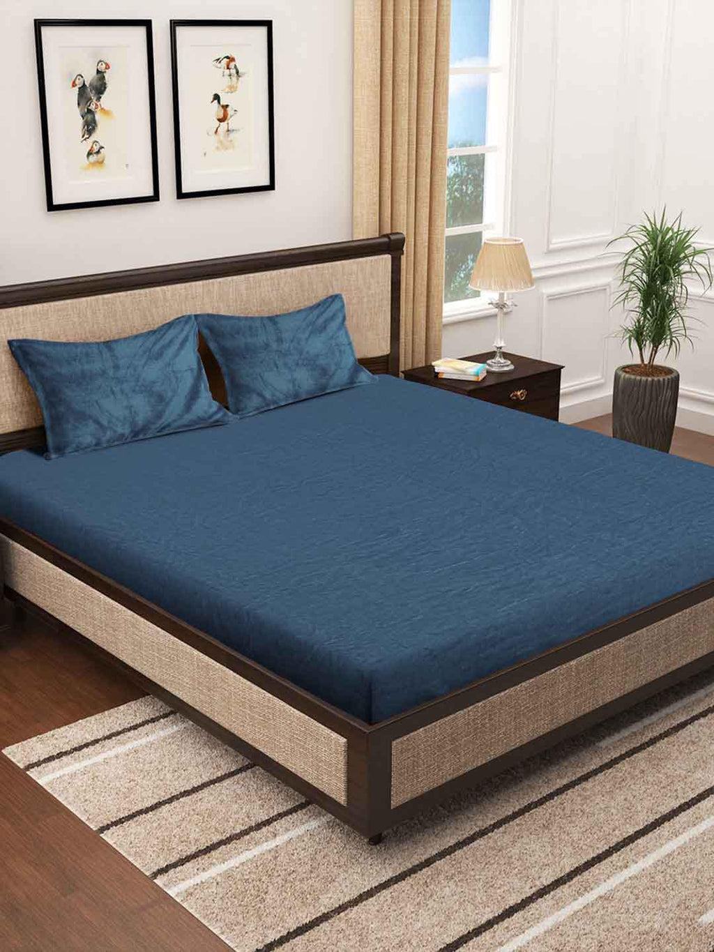KLOTTHE Turquoise Blue 300 TC Woolen Fitted King Bedsheet With 2 Pillow Covers | Grocsy