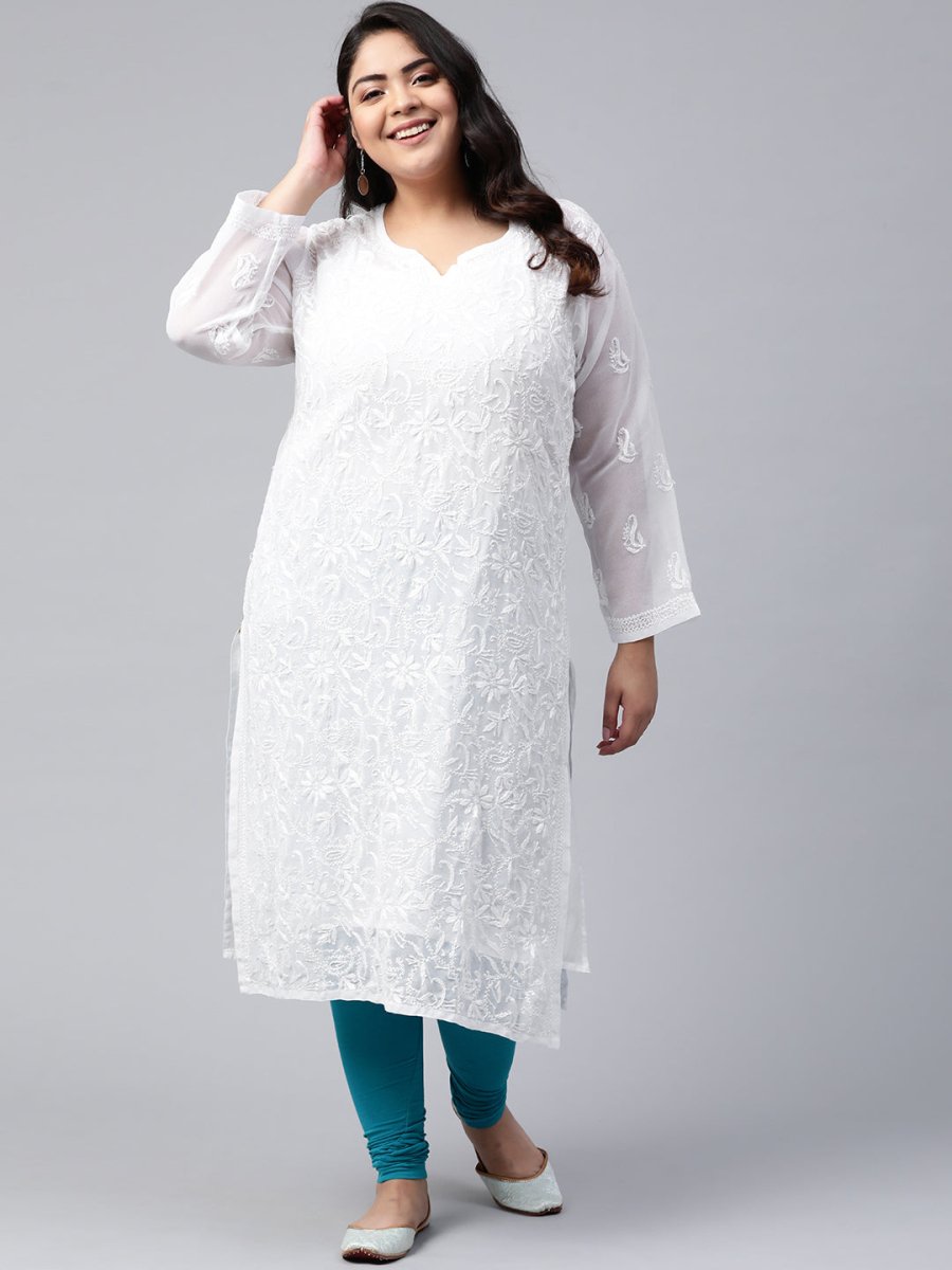 ADA Women Plus Size White Ethnic Motifs Chikankari Embroidered Georgette Handloom Kurta With Slip | Grocsy