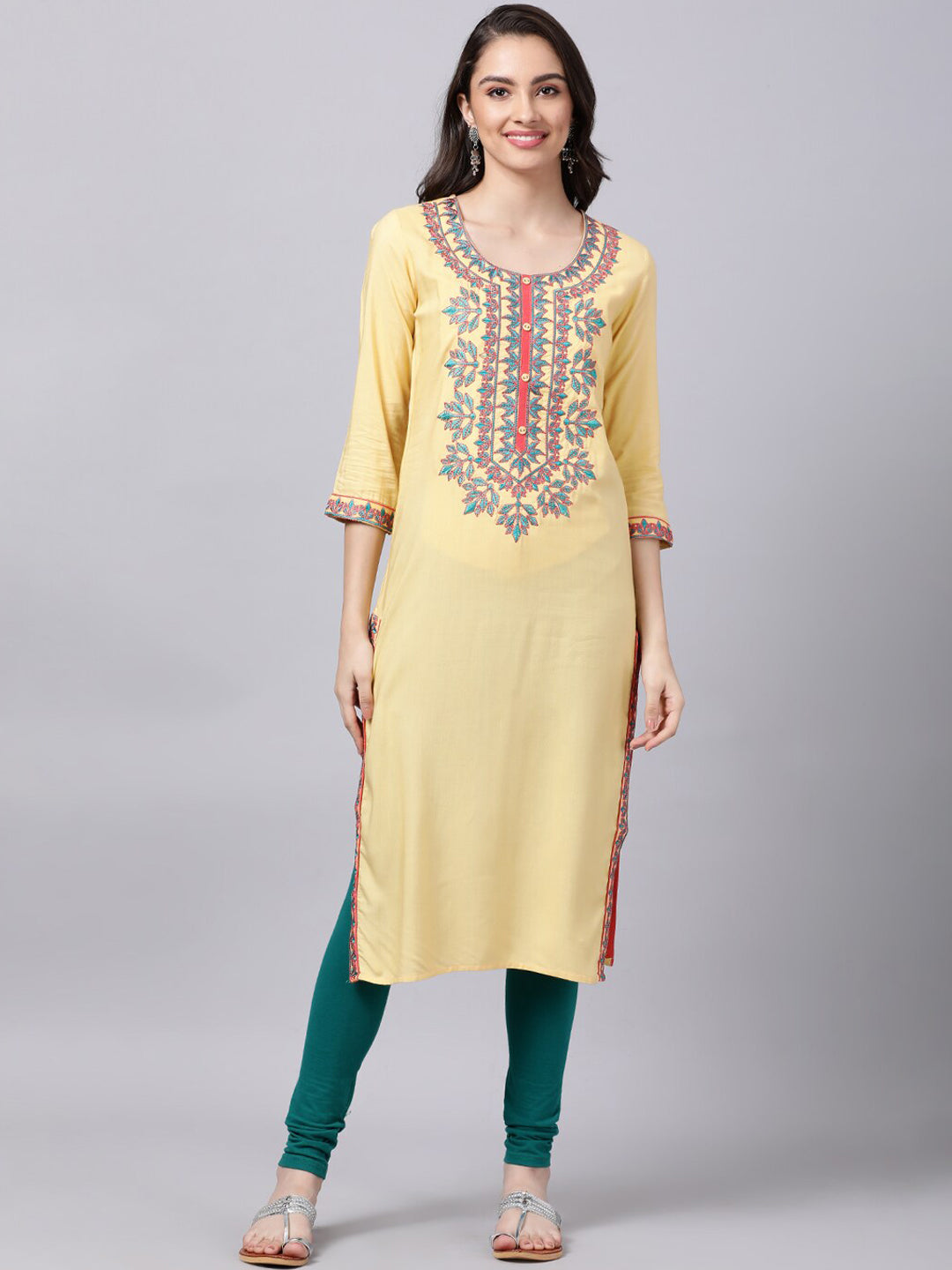 Souchii Women Cream-Coloured Ethnic Motifs Embroidered Kurta | Grocsy
