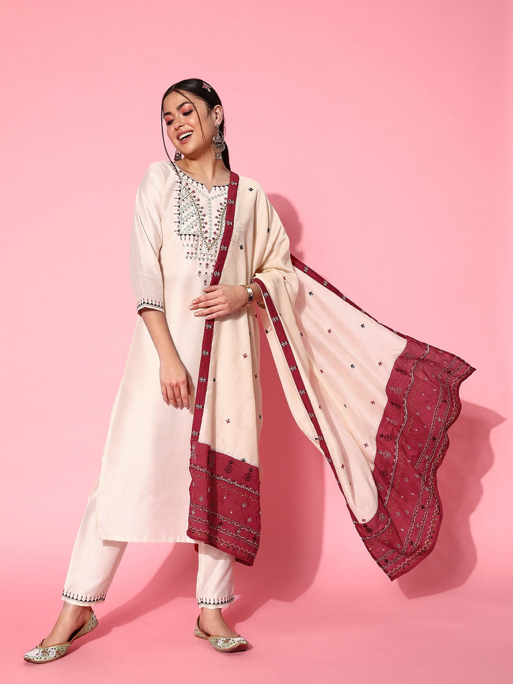 Sangria Women White Ethnic Motifs Embroidered Thread Work Kurta With Trousers & Dupatta | Grocsy