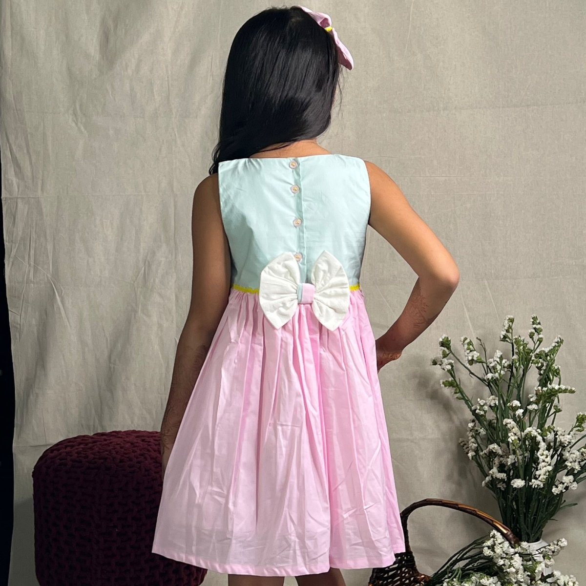 ArthLife Pink And Cyan Minnie Embroidered Dress | Grocsy