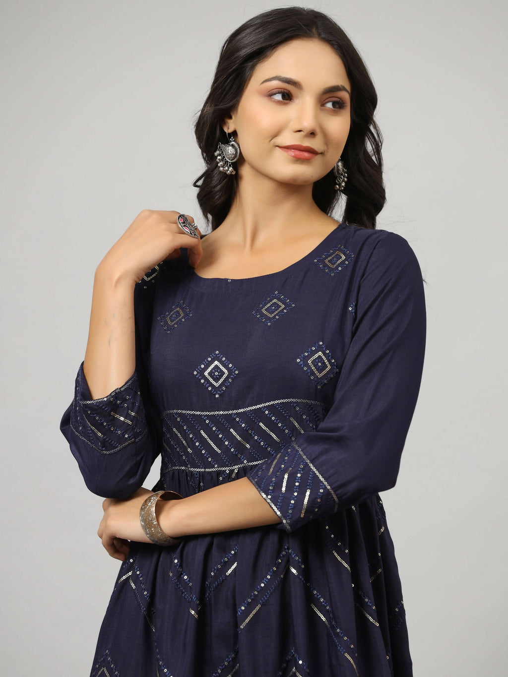 Juniper Women's Navy Festive Printed Flared Dress | Grocsy