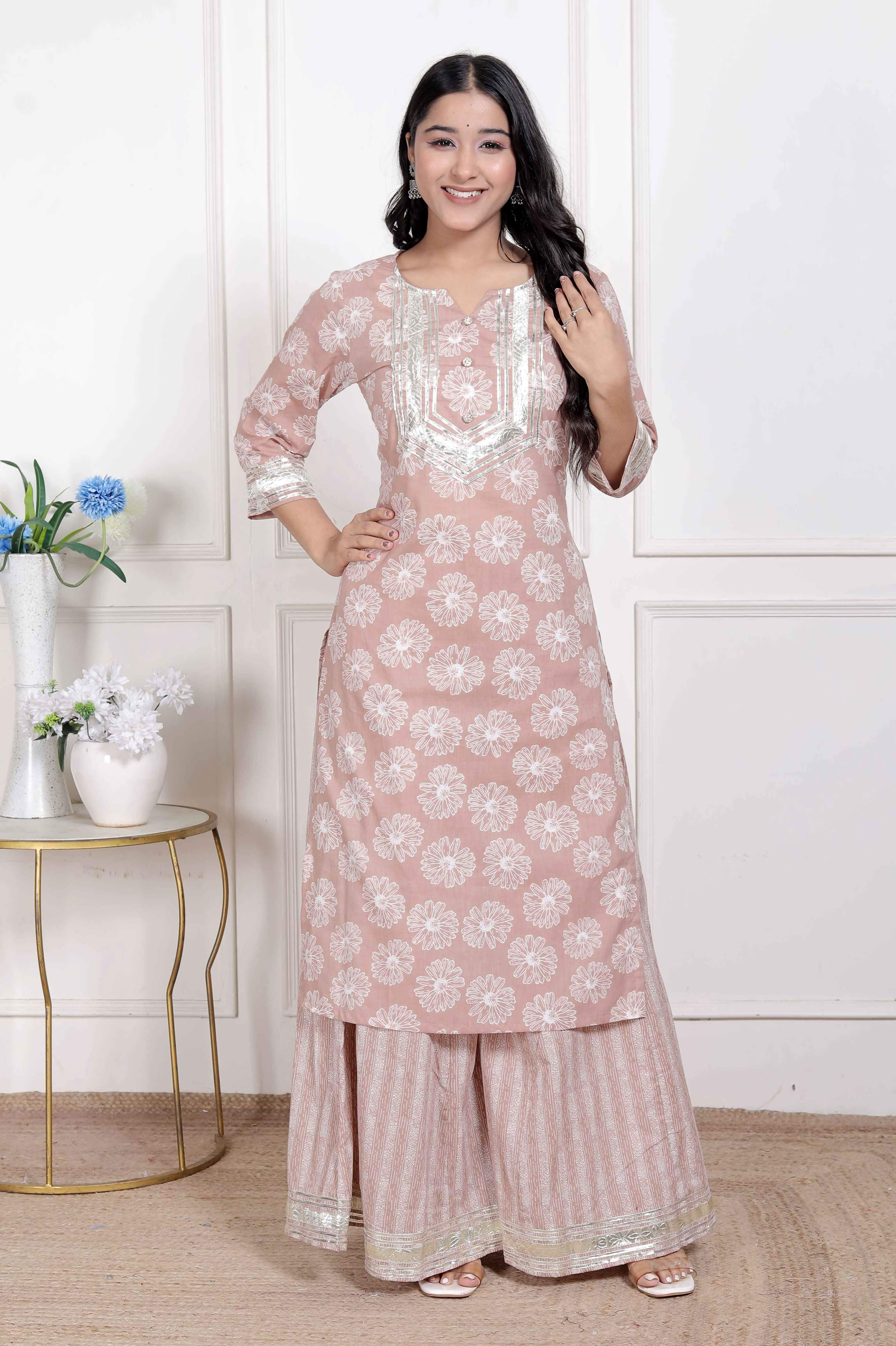 Miravan Women Brown Floral Printed Straight Ethnic Kurta with Palazzo | Grocsy