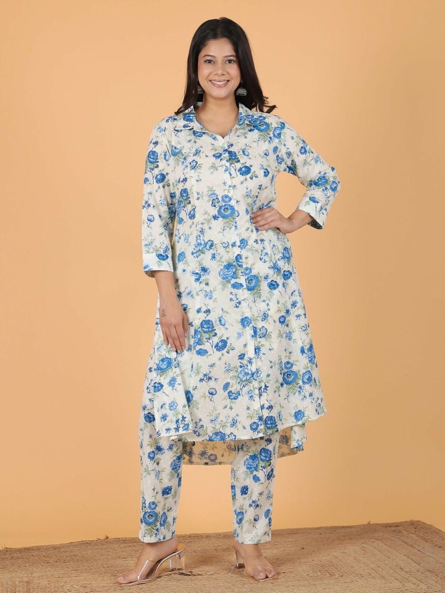 Aramya White Textured Cotton Floral Print High Low Kurta Set for Women | Grocsy