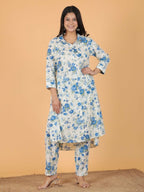 Aramya White Textured Cotton Floral Print High Low Kurta Set for Women | Grocsy