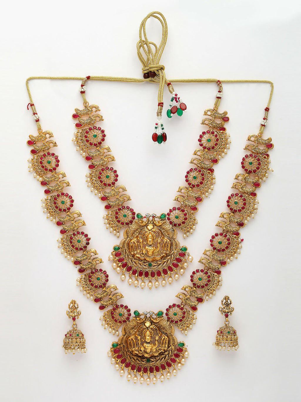 NVR Women's Set of 2 Gold-Polished Green & Pink Stone Studded Peacock & Lakshmi Design Temple Jewellery Set | Grocsy