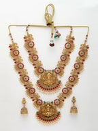 NVR Women's Set of 2 Gold-Polished Green & Pink Stone Studded Peacock & Lakshmi Design Temple Jewellery Set | Grocsy