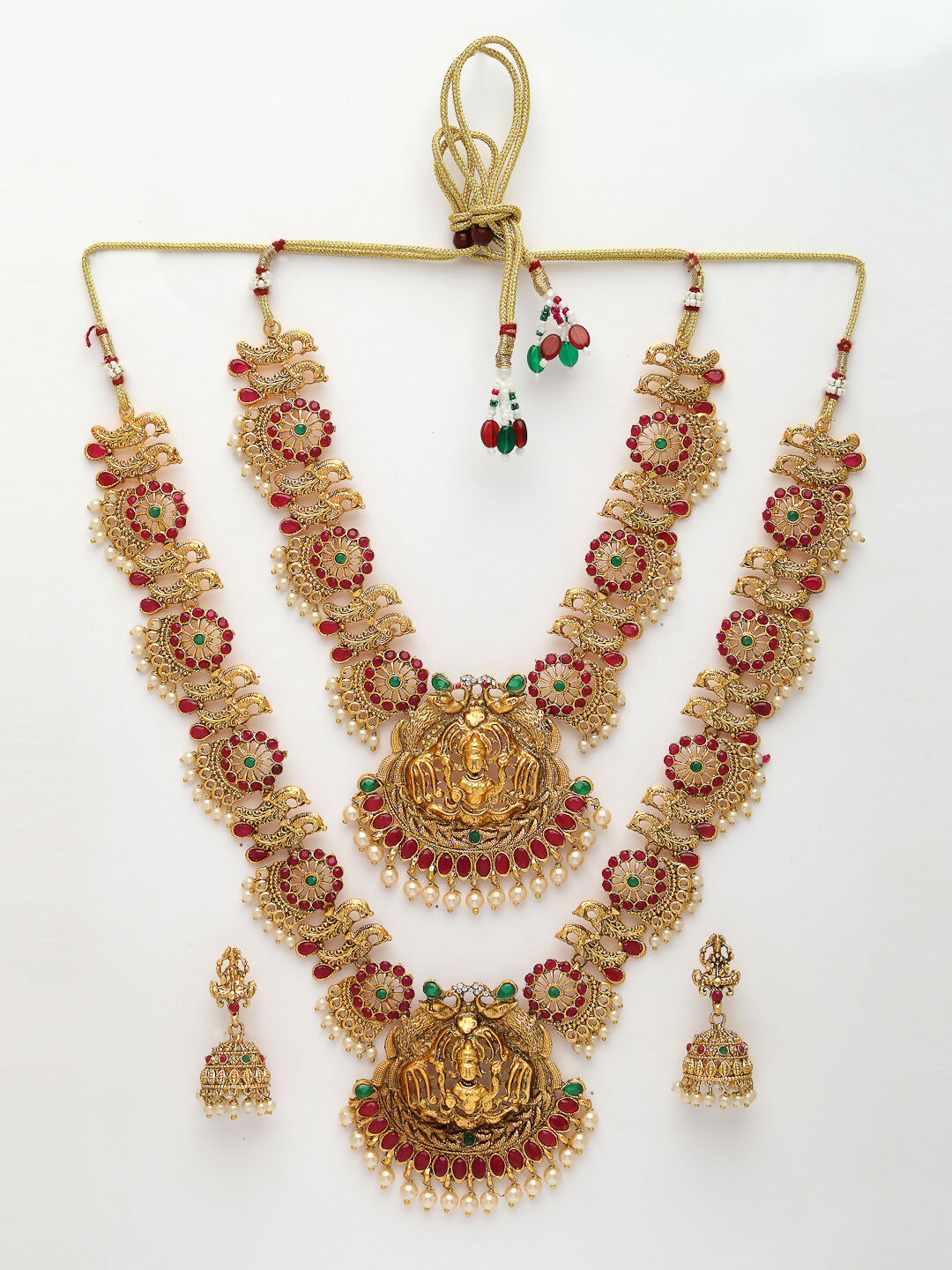 NVR Women's Set of 2 Gold-Polished Green & Pink Stone Studded Peacock & Lakshmi Design Temple Jewellery Set | Grocsy