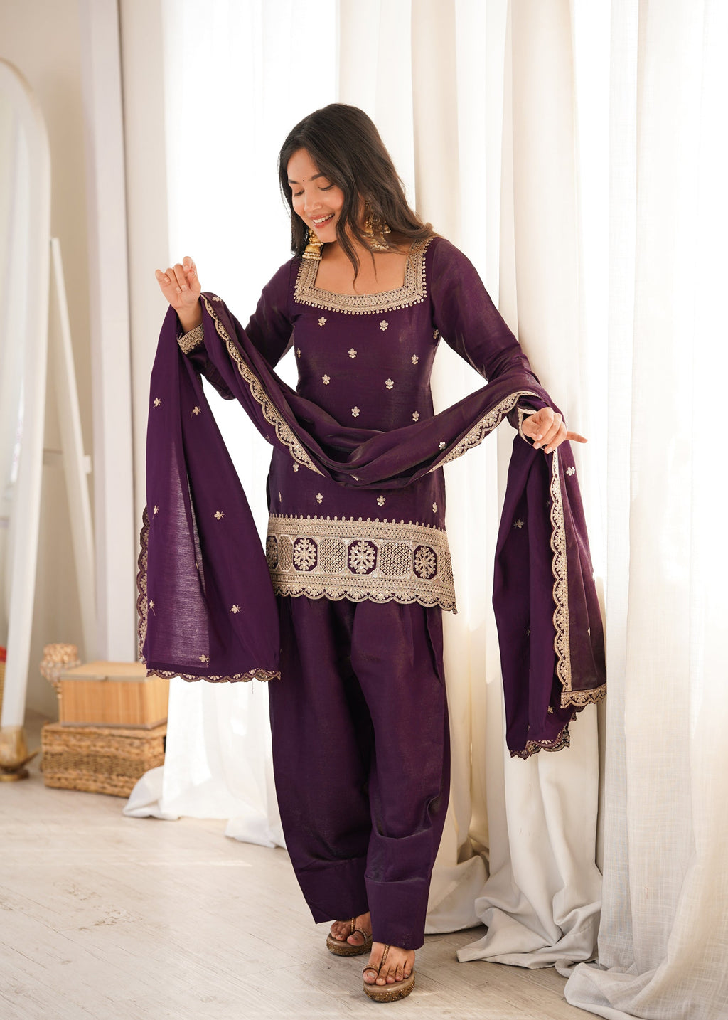 Lorenvalley Fashion Wine Glass Roman Silk with Embroidery Sequence and Jari Work Kurta Farshi Salwar with Dupatta | Grocsy