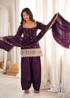 Lorenvalley Fashion Wine Glass Roman Silk with Embroidery Sequence and Jari Work Kurta Farshi Salwar with Dupatta | Grocsy