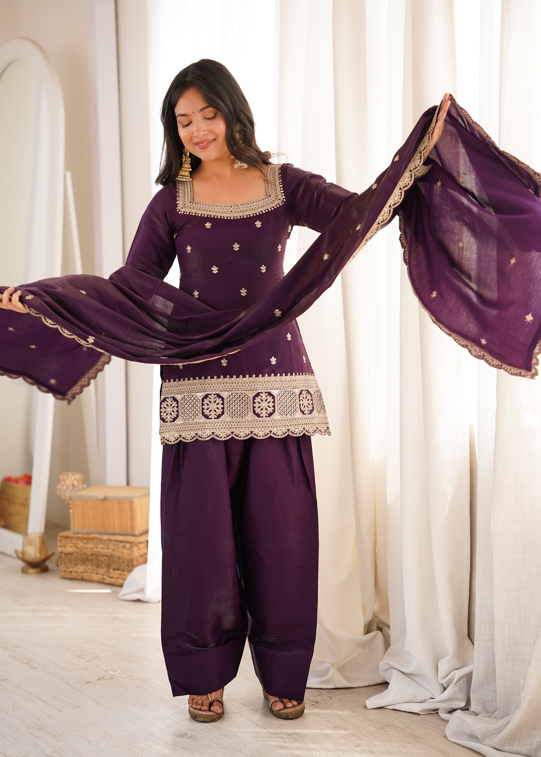 Lorenvalley Fashion Wine Glass Roman Silk with Embroidery Sequence and Jari Work Kurta Farshi Salwar with Dupatta | Grocsy