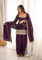 Lorenvalley Fashion Wine Glass Roman Silk with Embroidery Sequence and Jari Work Kurta Farshi Salwar with Dupatta | Grocsy