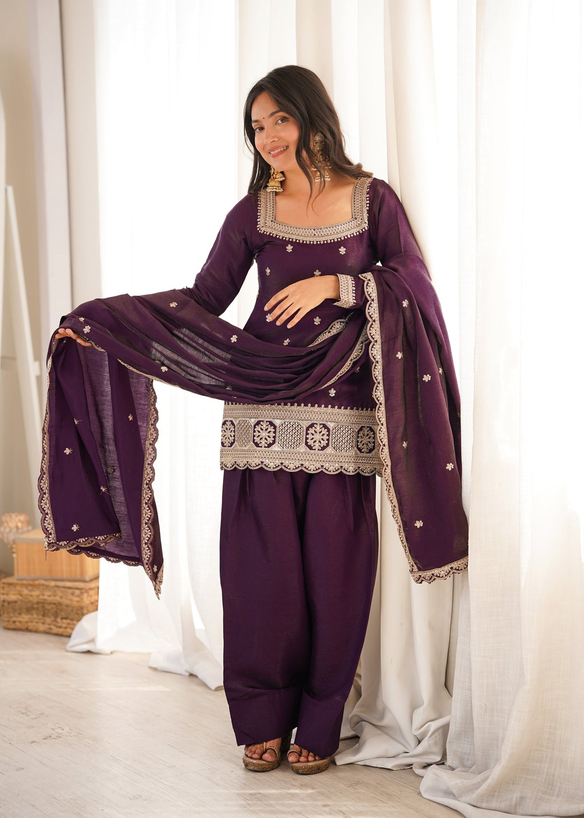 Lorenvalley Fashion Wine Glass Roman Silk with Embroidery Sequence and Jari Work Kurta Farshi Salwar with Dupatta | Grocsy