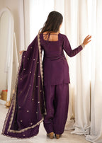 Lorenvalley Fashion Wine Glass Roman Silk with Embroidery Sequence and Jari Work Kurta Farshi Salwar with Dupatta | Grocsy