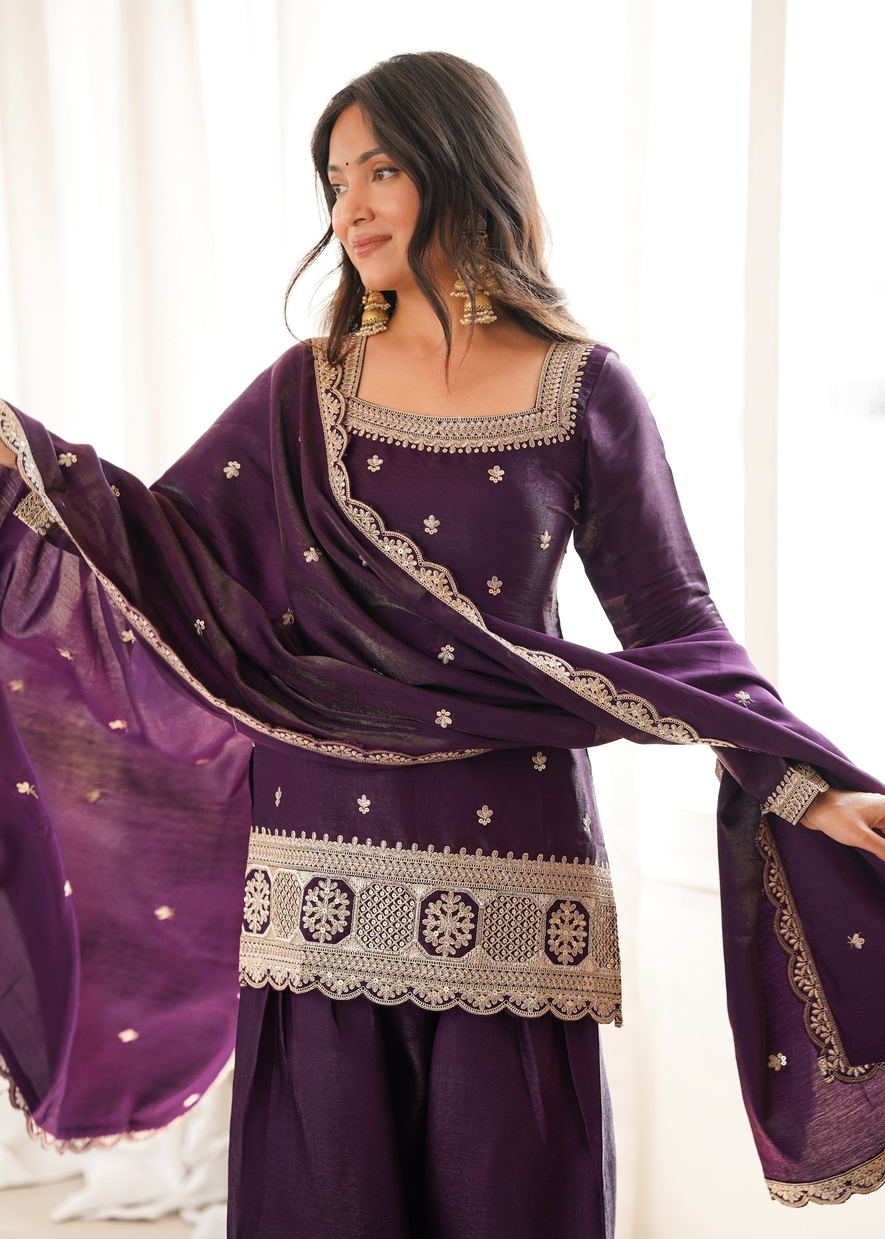 Lorenvalley Fashion Wine Glass Roman Silk with Embroidery Sequence and Jari Work Kurta Farshi Salwar with Dupatta | Grocsy