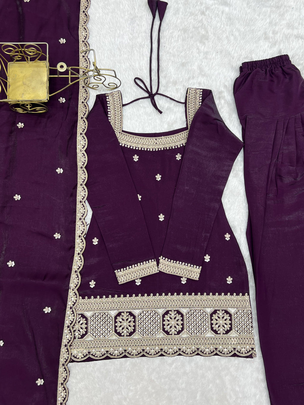 Lorenvalley Fashion Wine Glass Roman Silk with Embroidery Sequence and Jari Work Kurta Farshi Salwar with Dupatta | Grocsy