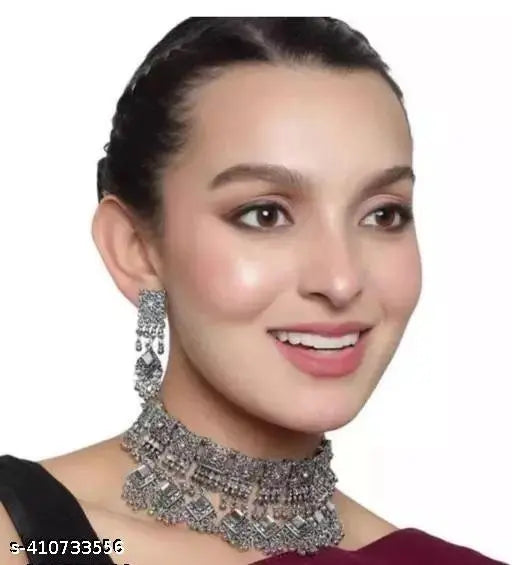 Tehzeeb Creations Women's Silver Colour Oxidised Necklace Set With Mirror And Beads | Grocsy