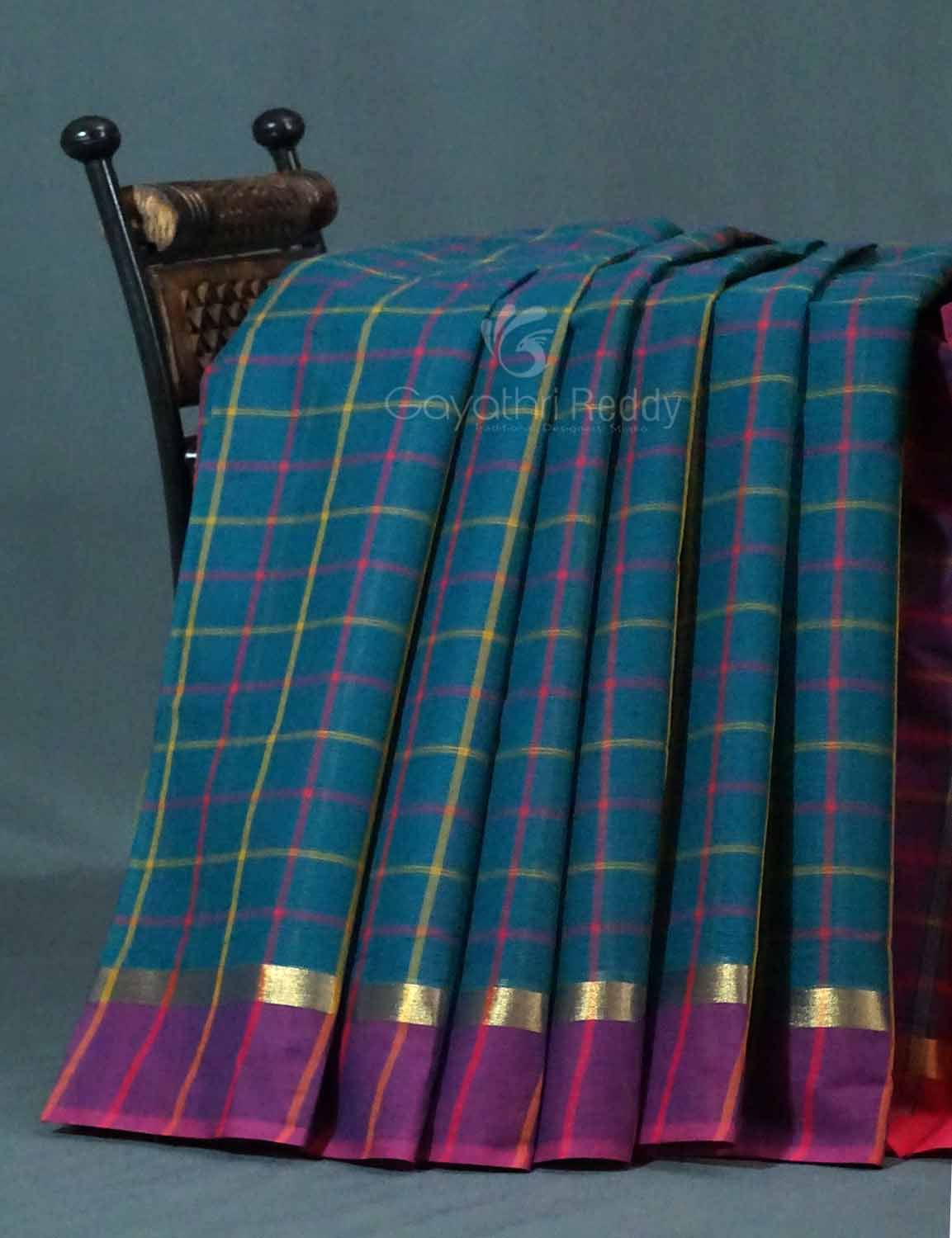 Dual Shade of Peacock Blue And Magenta Pure Mangalgiri Cotton By Gayathri Reddy Designer Studio | Grocsy