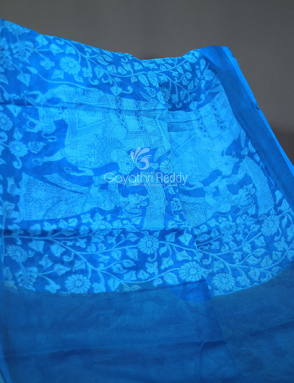Sky Blue Kalamkaari Print Munga Cotton Saree By Gayathri Reddy Designer Studio | Grocsy