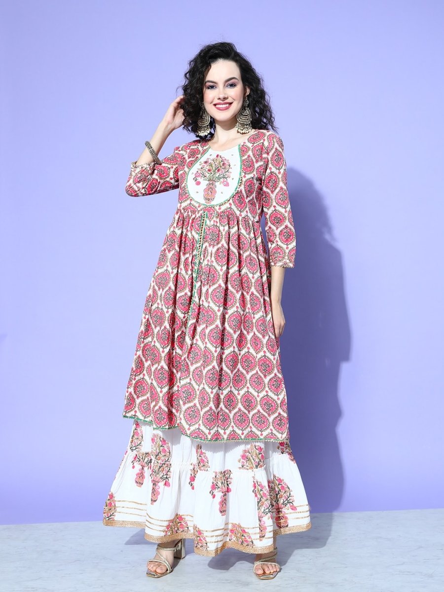 All About You Women White Floral Printed Regular Gotta Patti Pure Cotton Kurta with Skirt & With Dupatta | Grocsy