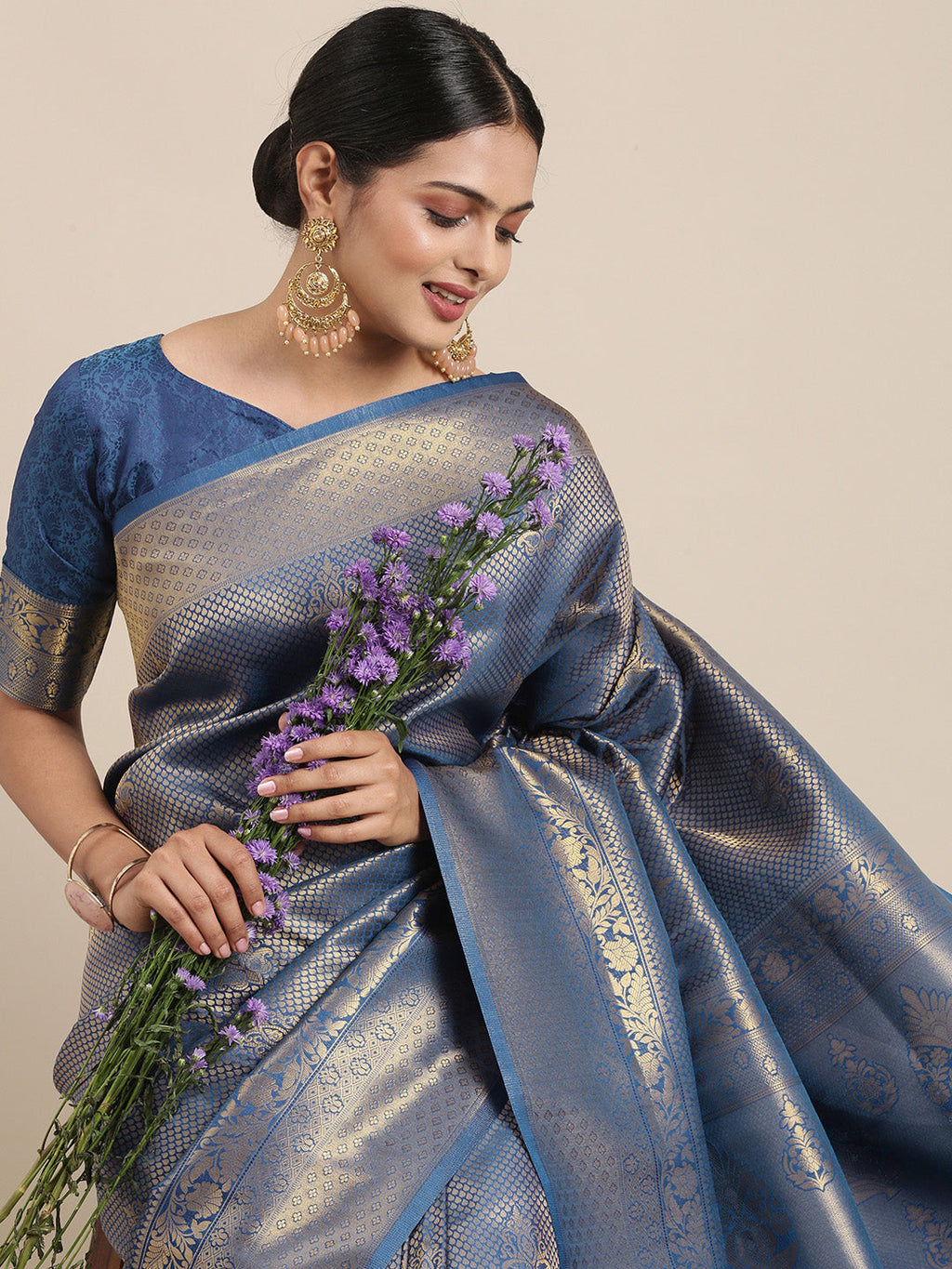 Saree Mall Navy Blue Ethnic Motifs Zari Silk Blend Banarasi Saree | Grocsy