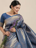 Saree Mall Navy Blue Ethnic Motifs Zari Silk Blend Banarasi Saree | Grocsy