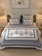 BELLA CASA Off White & Blue Ethnic Motifs 350 TC Cotton King Bedsheet with 2 Pillow Covers | Grocsy