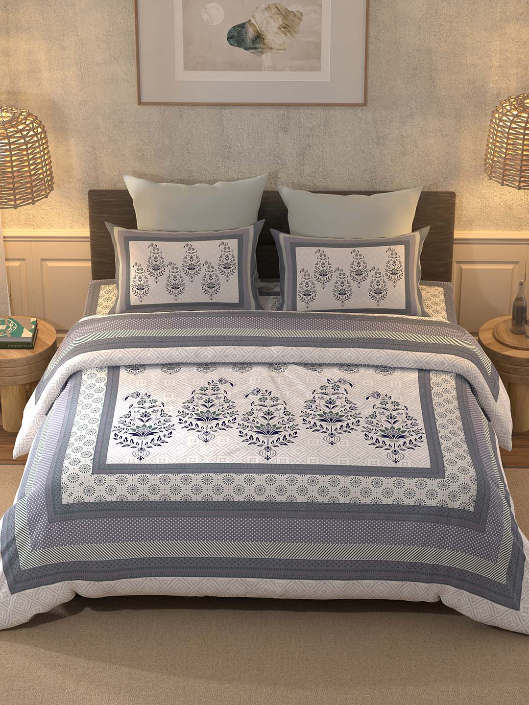 BELLA CASA Off White & Blue Ethnic Motifs 350 TC Cotton King Bedsheet with 2 Pillow Covers | Grocsy