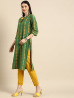 All About You Women Green Ethnic Motifs Printed Kurta with Mustard Yellow Trousers | Grocsy