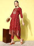 Sangria Floral Yoke Design Pleated Mirror Work Chanderi Silk Kurta with Trousers | Grocsy