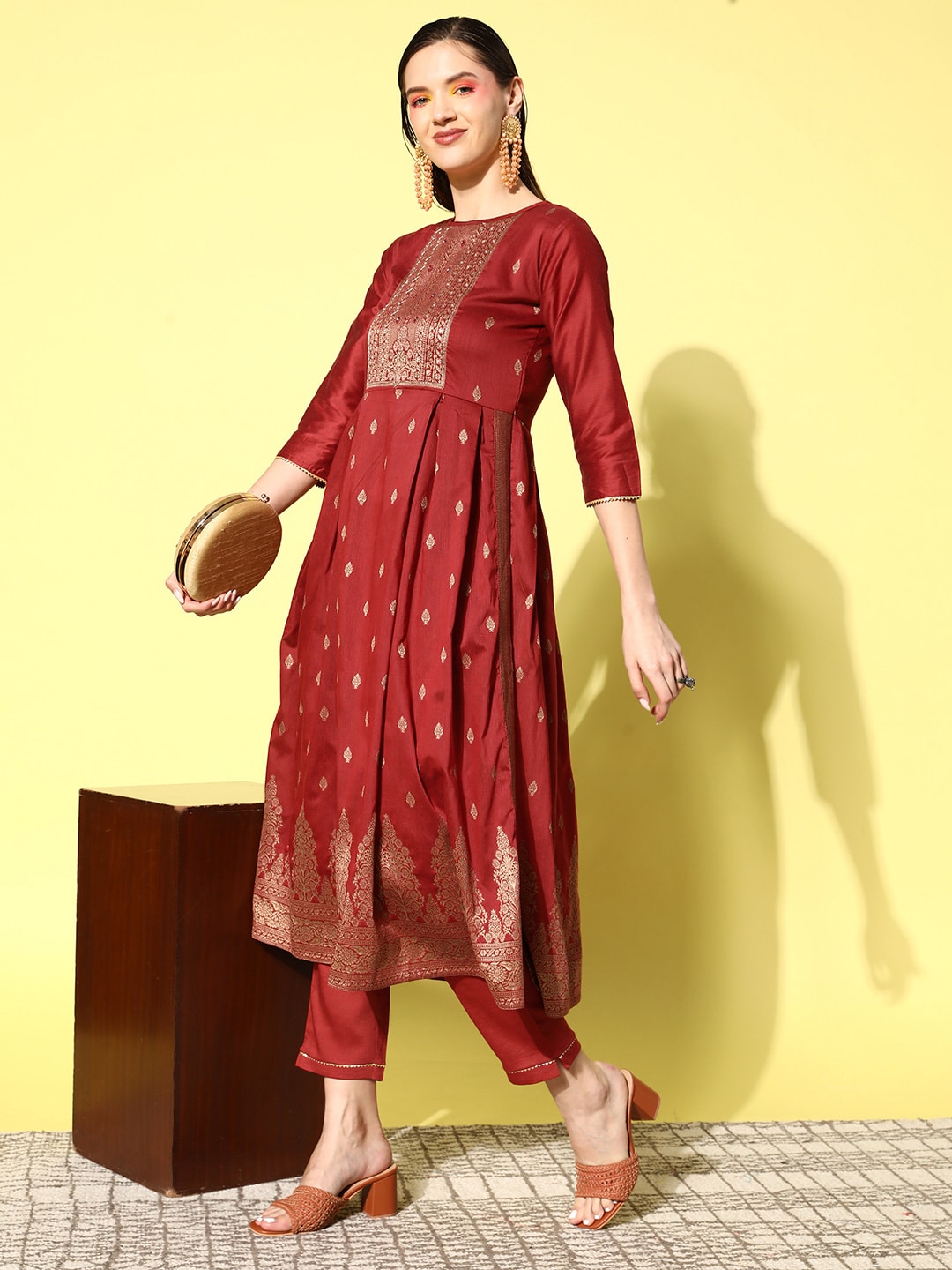 Sangria Floral Yoke Design Pleated Mirror Work Chanderi Silk Kurta with Trousers | Grocsy