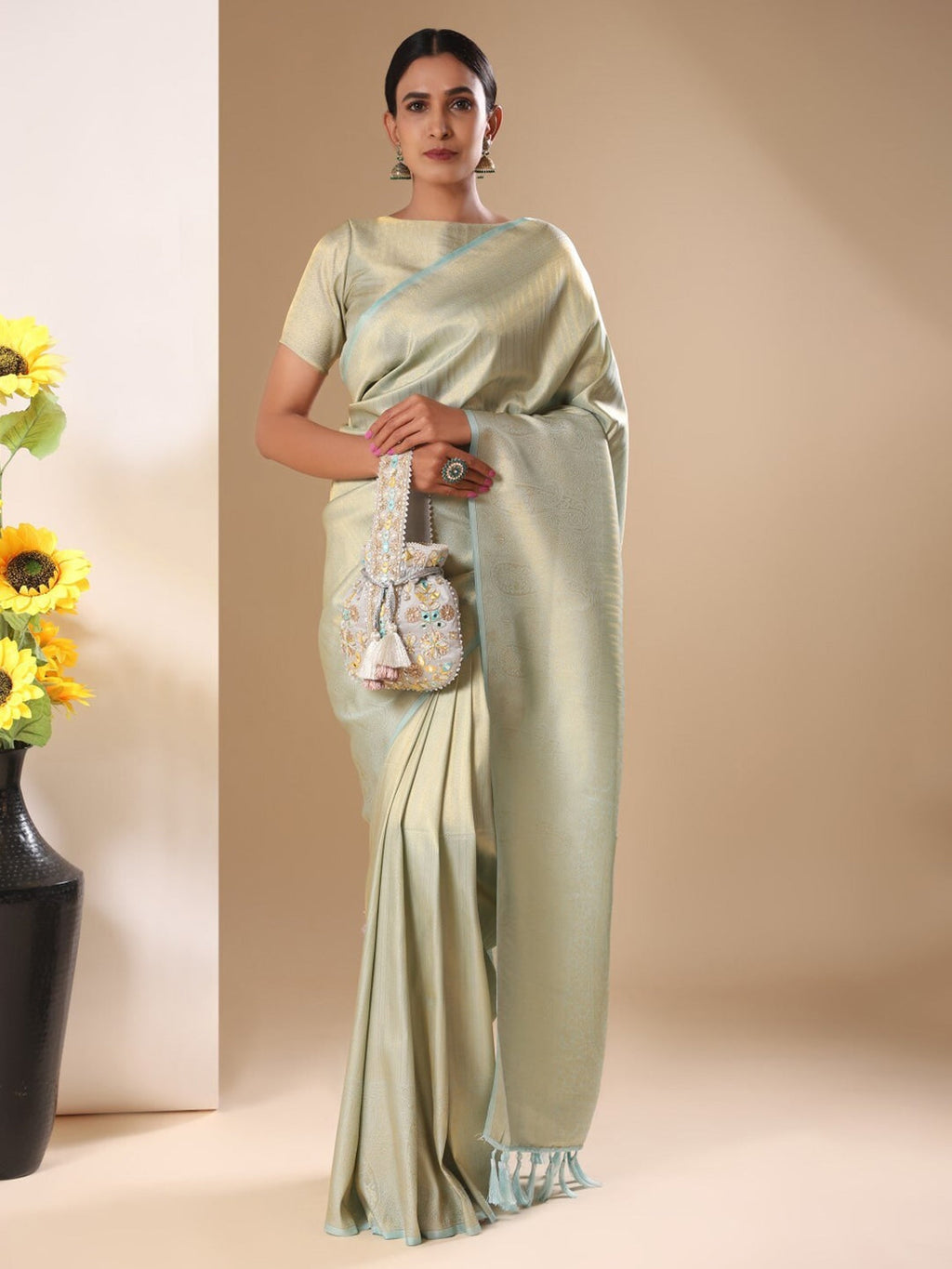 Masq Grey & Gold-Toned Embroidered Potli Clutch