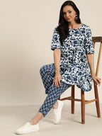 Sangria Women White & Navy Blue Printed Kurta with Trousers | Grocsy