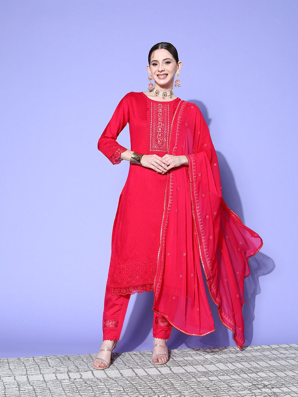 Sangria Floral Embroidered Regular Sequinned Kurta with Trousers & With Dupatta | Grocsy