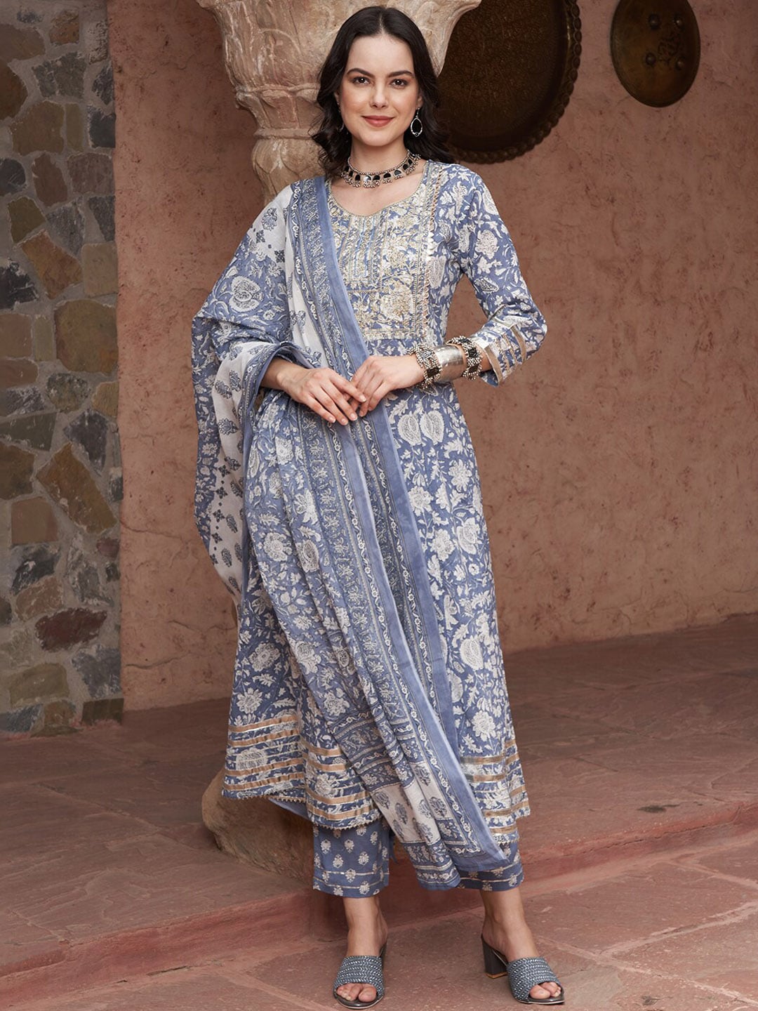 Sangria Blue Printed Thread Work Pure Cotton Empire A-Line Kurta with Trousers & Dupatta | Grocsy