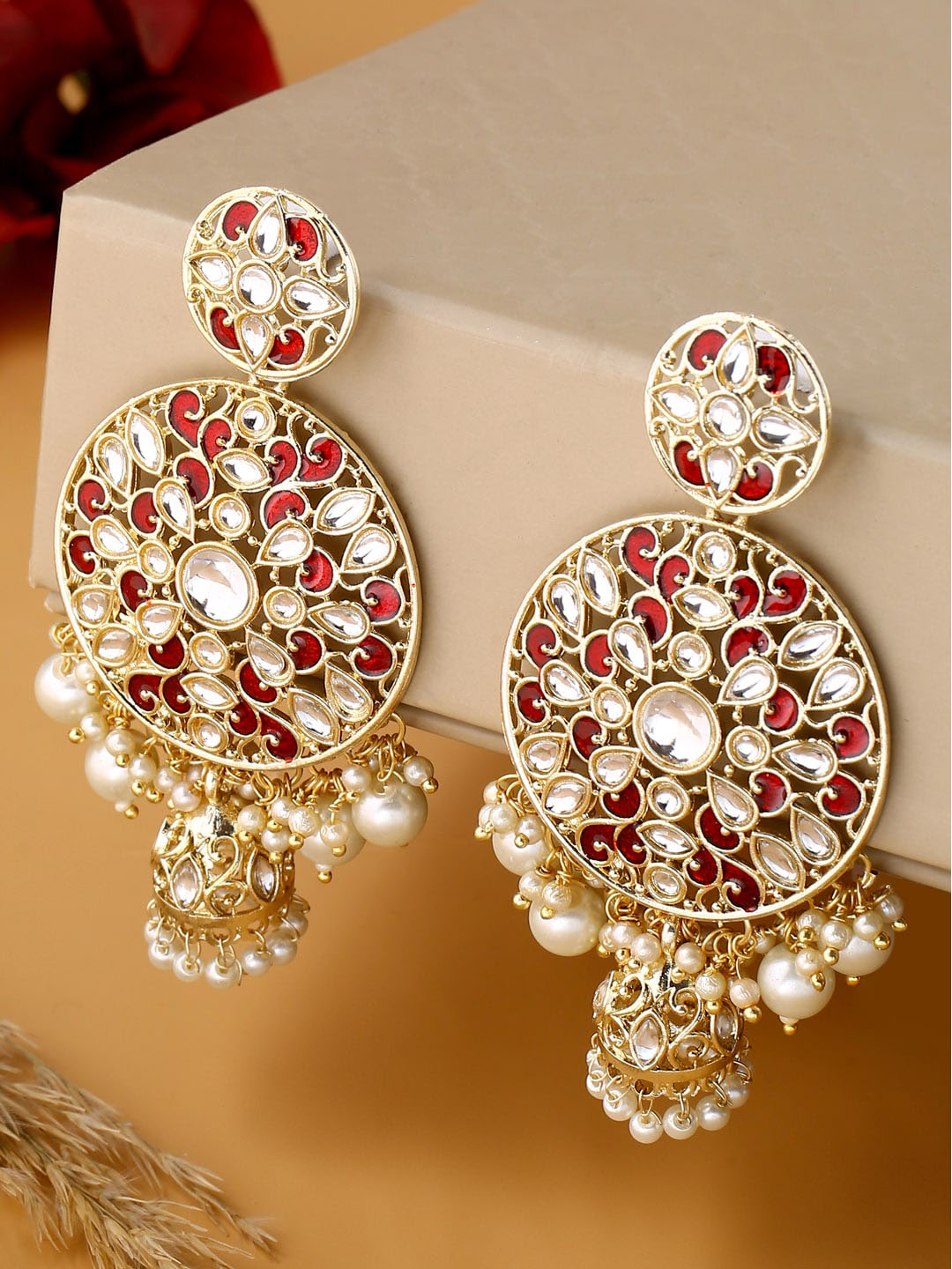 Shoshaa Maroon Contemporary Gold-Polished Kundan Drop Earrings With Jhumkas Earrings Sets | Grocsy
