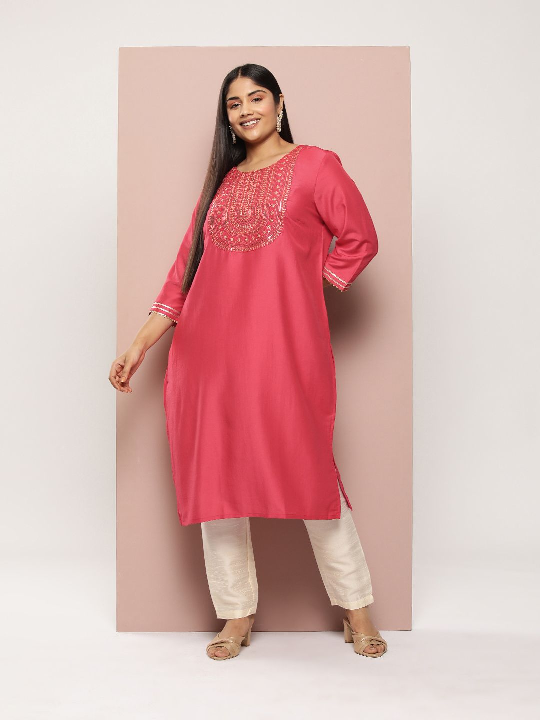 Sztori Plus Size Yoke Design Sequinned Kurta | Grocsy