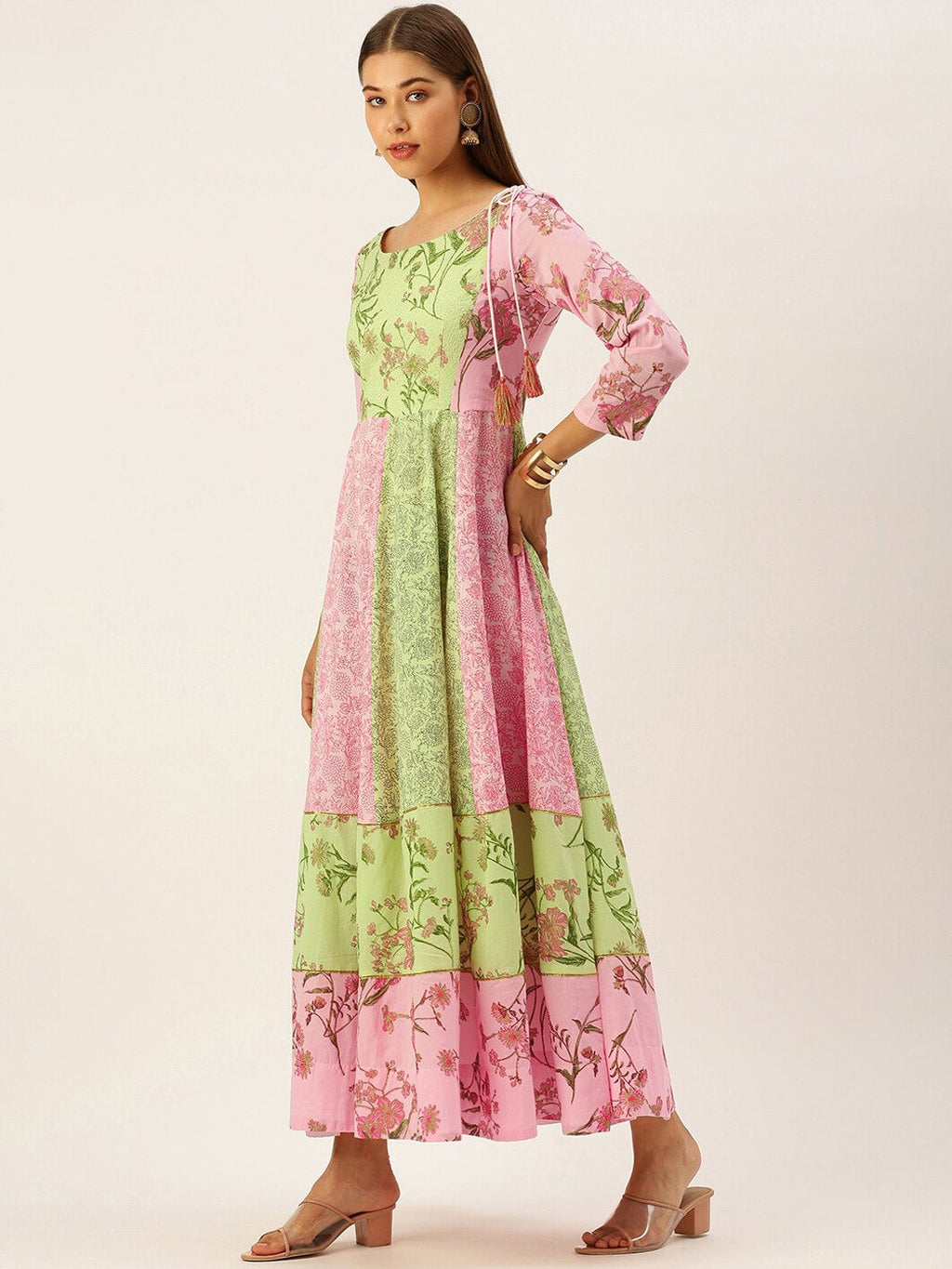 HERE&NOW Women Green & Pink Floral Printed Anarkali Cotton Kurta With Dupatta | Grocsy