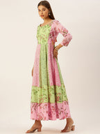 HERE&NOW Women Green & Pink Floral Printed Anarkali Cotton Kurta With Dupatta | Grocsy