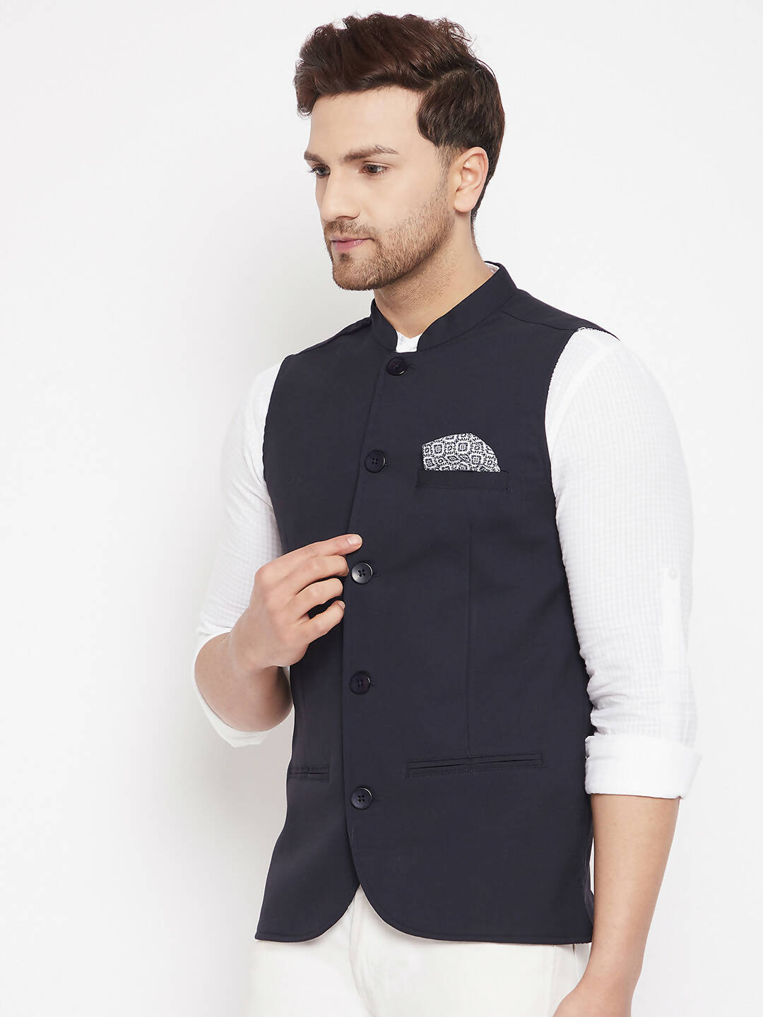 Even Apparels Navy Merino Men's Nehru Jacket-Contrast Lining-Inbuilt Pocket Square | Grocsy