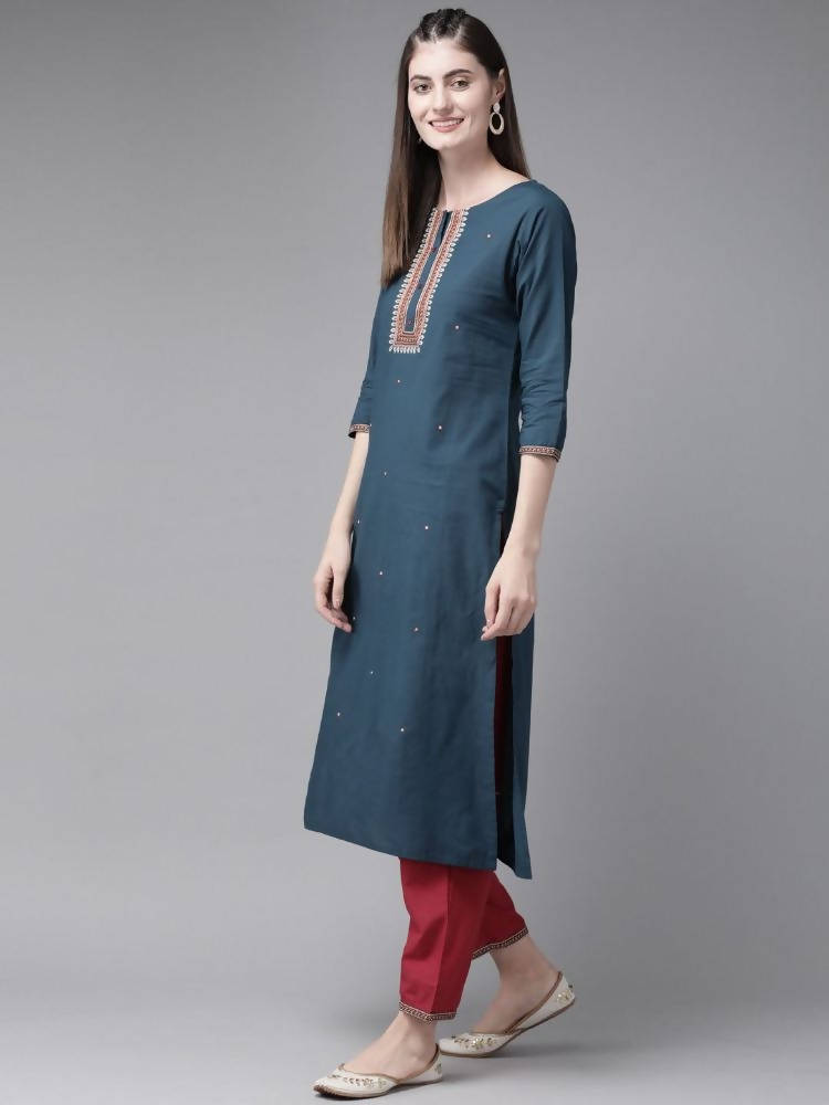 Yufta Navy Blue and Maroon Embroidered Kurta Palazzo Set | Grocsy