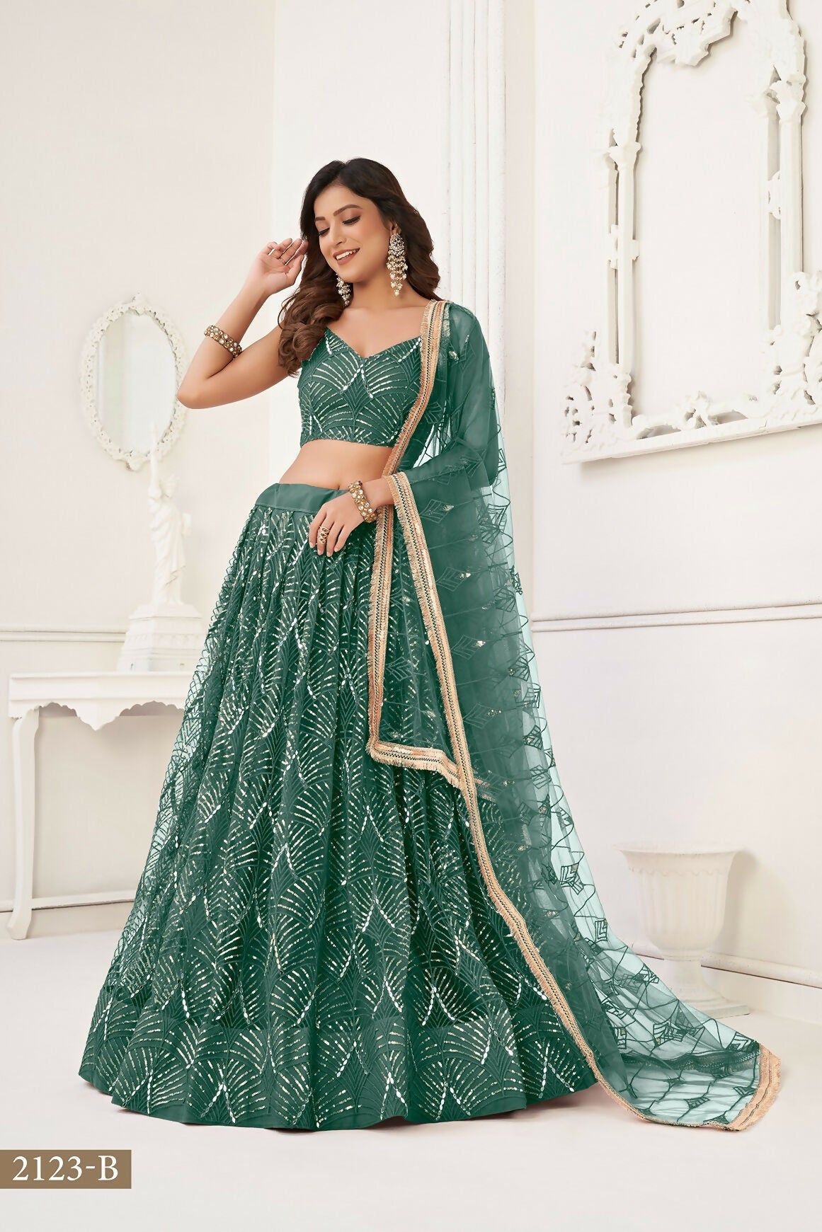Eilara Glamorous Bottle Green Net With Sequins And Thread Embroidery Real Mirror Work Lehenga Choli For Wedding | Grocsy