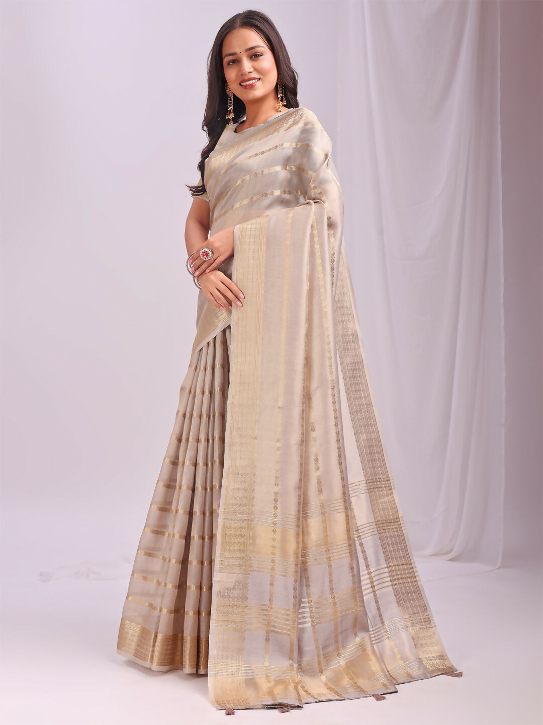 Shree Shyam Fashion Organza Cream Saree | Grocsy