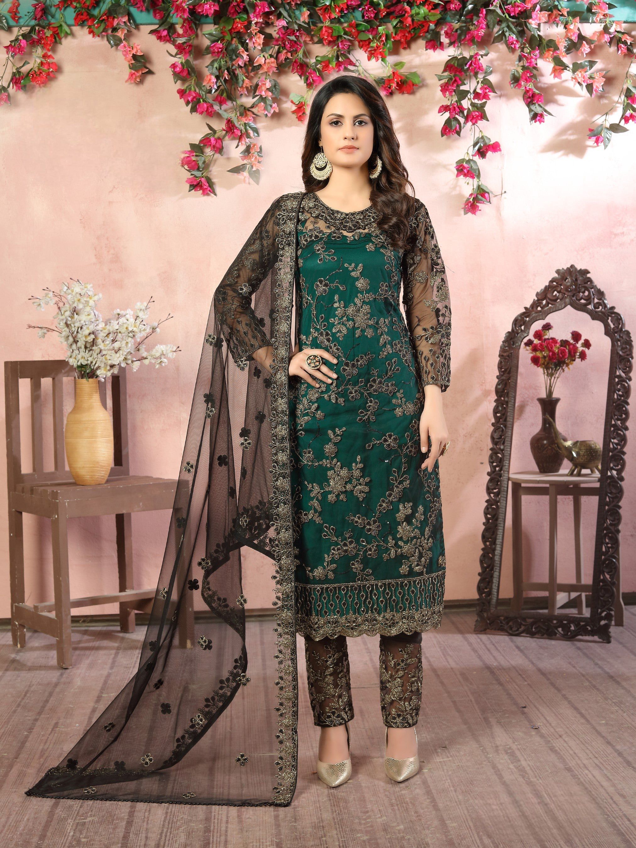 Anaita Green Embroidered Net Salwar Suit | Grocsy