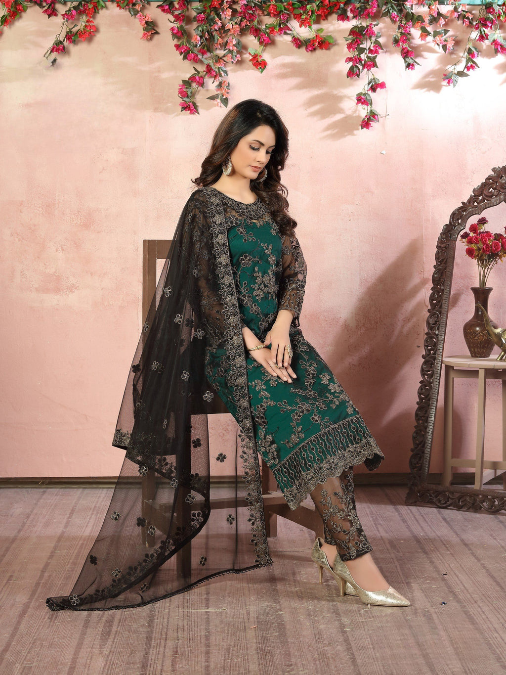 Anaita Green Embroidered Net Salwar Suit | Grocsy