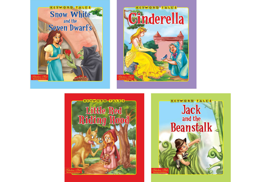 Storybook For Kids: Scholars Hub Keyword Tales Story Book Set-1 (Set Of 4 Story Books) (Illustrated) (For Ages 4+) | 64 Pages | Snow White And The Seven Dwarfs | Cinderella | Little Red Ridding Hood | Jack And The Beanstalk | Grocsy