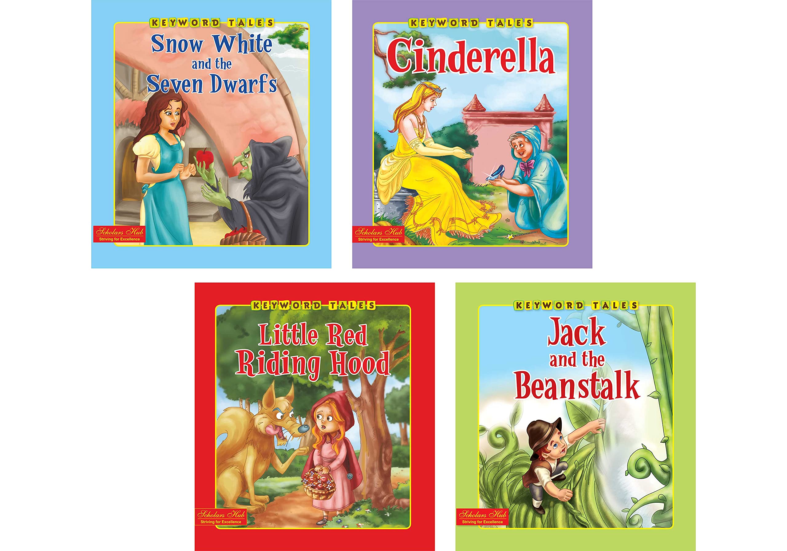 Storybook For Kids: Scholars Hub Keyword Tales Story Book Set-1 (Set Of 4 Story Books) (Illustrated) (For Ages 4+) | 64 Pages | Snow White And The Seven Dwarfs | Cinderella | Little Red Ridding Hood | Jack And The Beanstalk | Grocsy