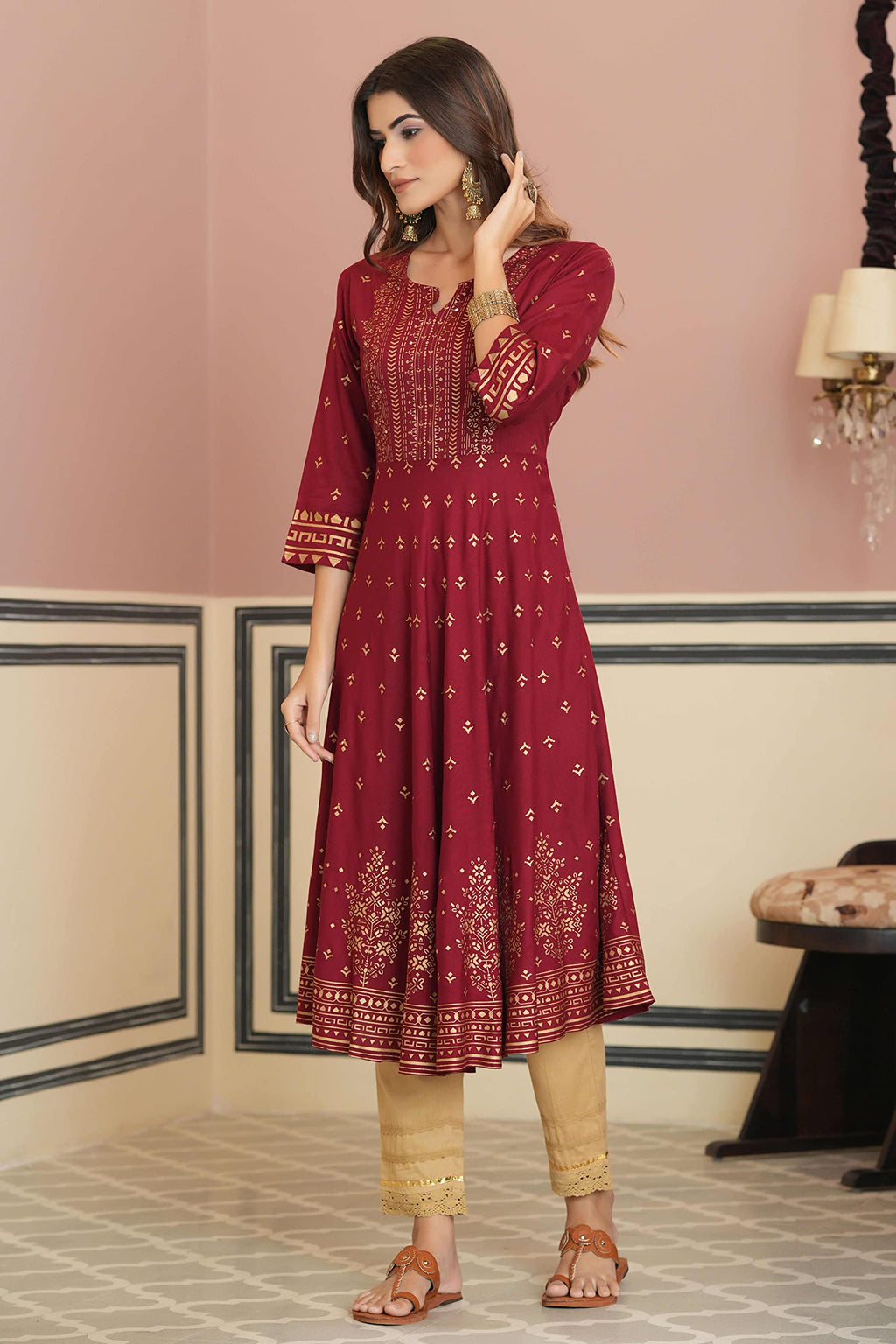 Juniper Women's Maroon Ethnic Motif Printed Rayon Kurta With Sequins | Grocsy